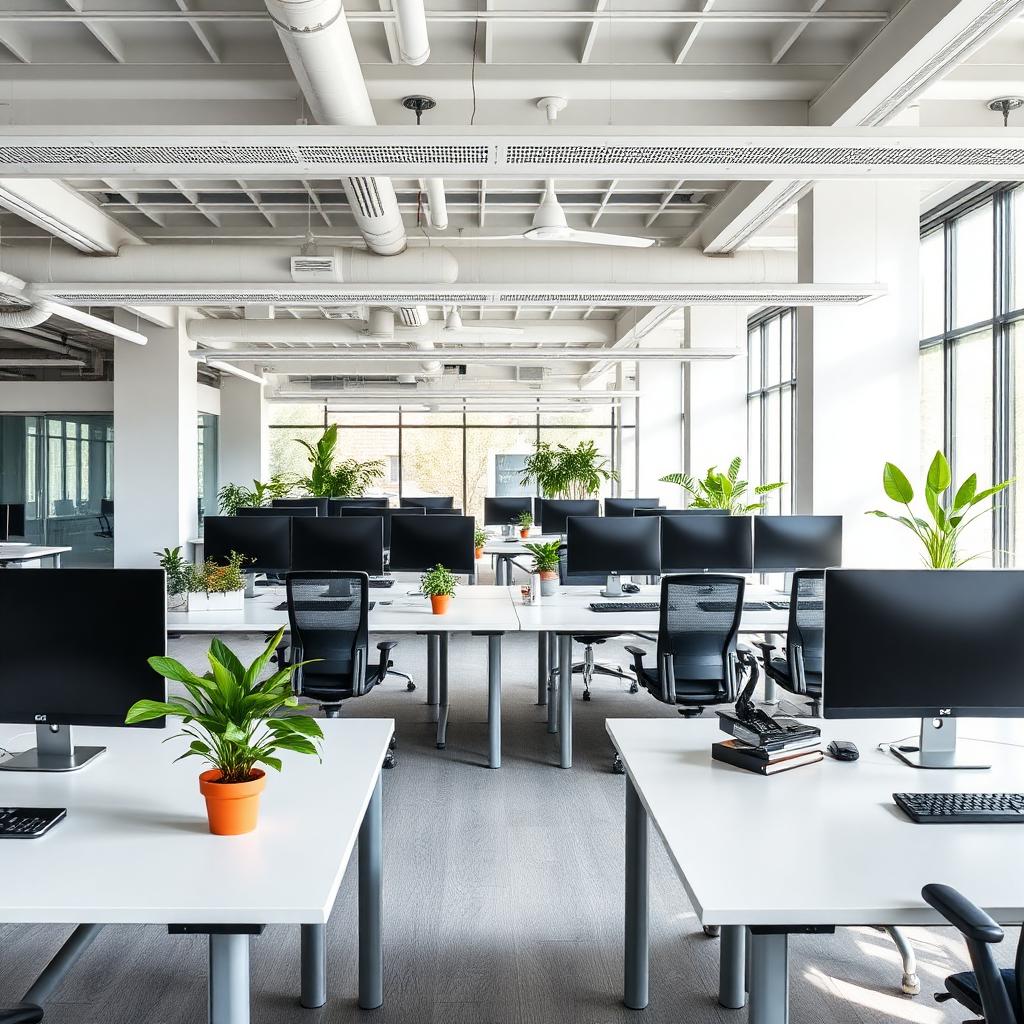 Ambiente de trabalho moderno com estações e plantas
