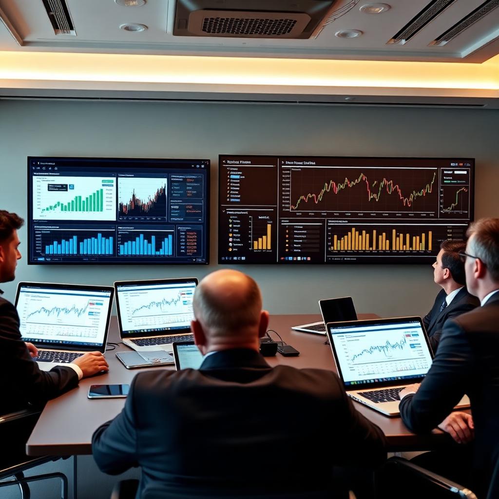Reunião estratégica analisando dashboards financeiros