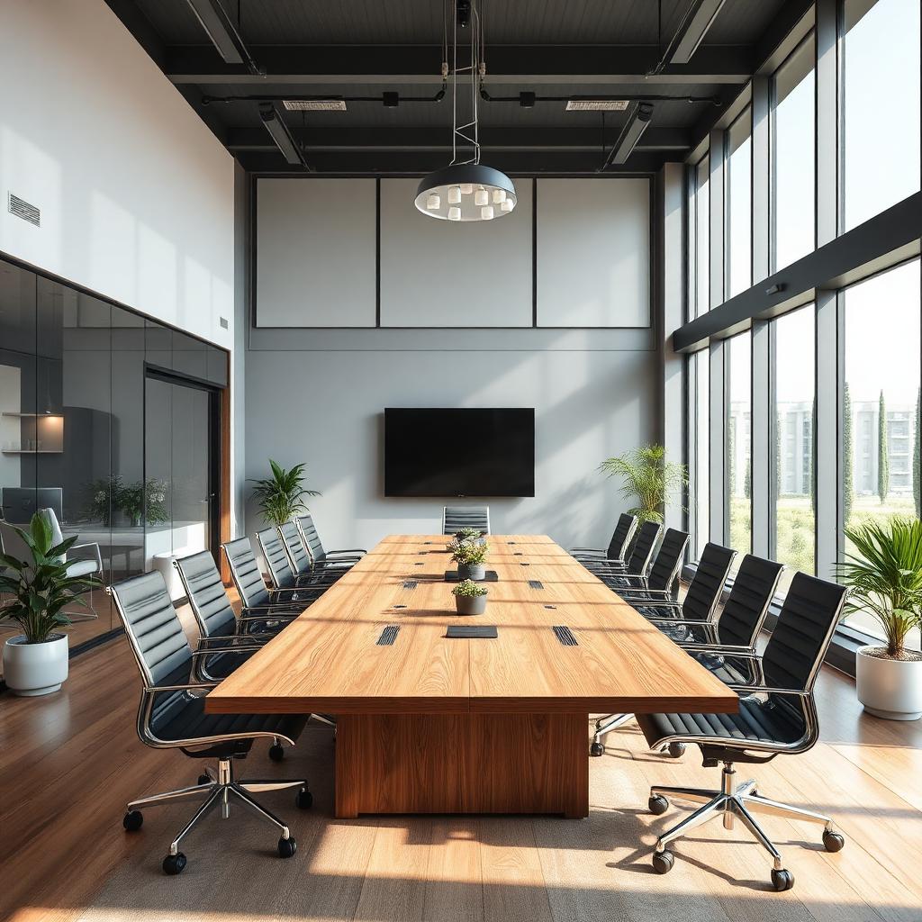 Sala de reunião ampla com mesa de madeira e luz natural