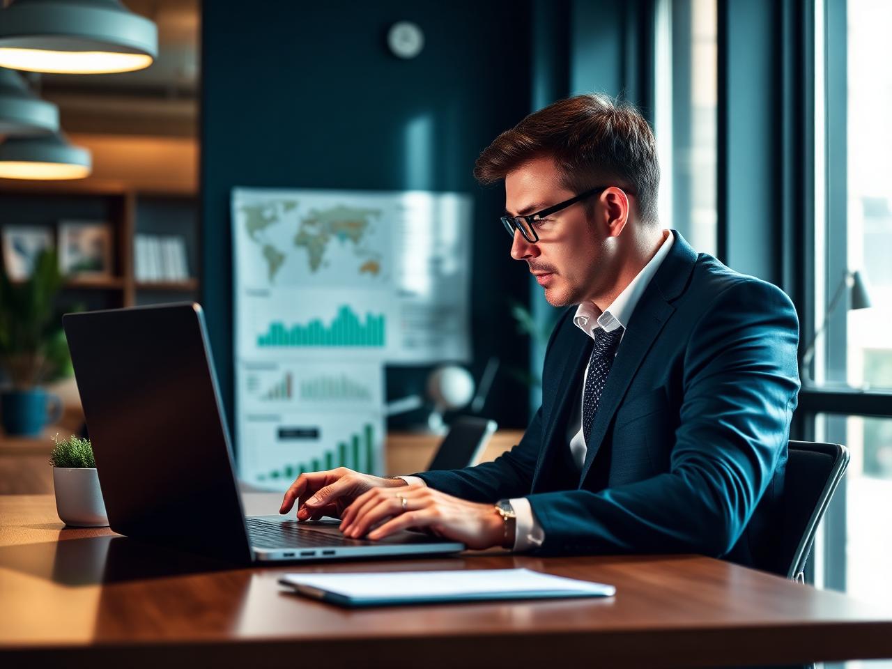 Consultor da NewCon analisando indicadores contábeis em ambiente corporativo moderno